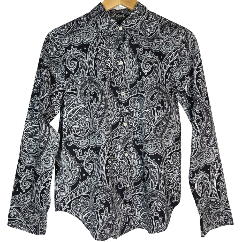 Lauren Ralph Lauren Womens Medium Black White Paisley Non-Iron Button Down Shirt